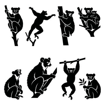 Black and white vector silhouette set of Indri