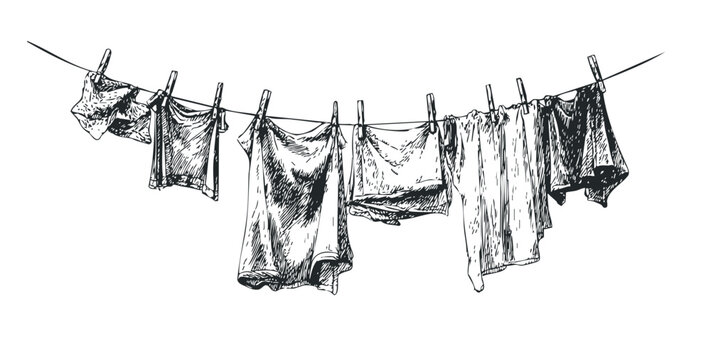 Laundry hanging on a clothesline with clothespins in a hand-drawn sketch style, depicting everyday household chores and fresh air drying.