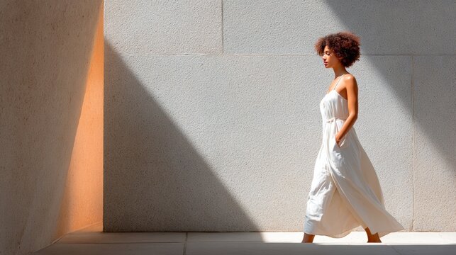 Elegant woman in a flowing white summer dress walking in a sunlit minimalist concrete corridor for fashion background banner and modern lifestyle design