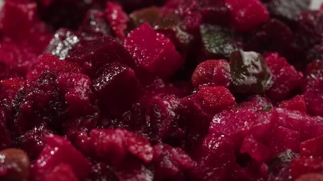 Russian beetroot vinaigrette salad with green peas, boiled vegetables and dill, close up in restaurant. 