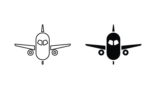 Minimalist outline and solid black silhouette icon of an airplane viewed from the front showcasing wings fuselage windows and wheels isolated on white background