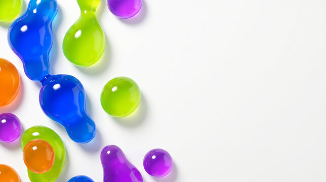 Glossy plastic liquid blobs on white background with right side copy space for text