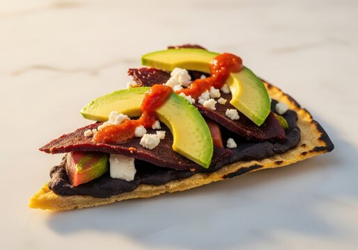 Gourmet tostada slice with black beans, avocado, beets, and feta