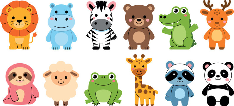 Cute Cartoon Animal Character Set Featuring Lion, Hippo, Zebra, Bear, Frog, Deer, Sloth, Sheep, Giraffe, Raccoon and Panda in Flat Vector Style