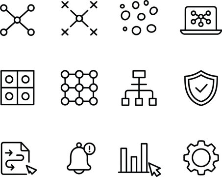 Set of network, connection, data, grid, chart, shield, strategy and setting vector line icons.