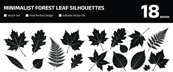 Comprehensive collection of minimalist forest leaf silhouettes featuring maple oak fern and botanical foliage for professional nature graphic design projects © Joy