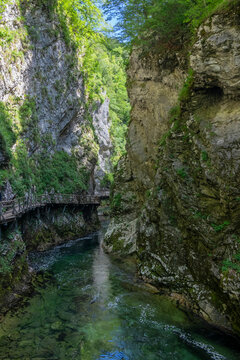 Vintgar gorge amazing cayon with river, rocks and nature, wooden foodpaths leads through wild natural reserve