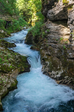 Vintgar gorge amazing cayon with river, rocks and nature, wooden foodpaths leads through wild natural reserve