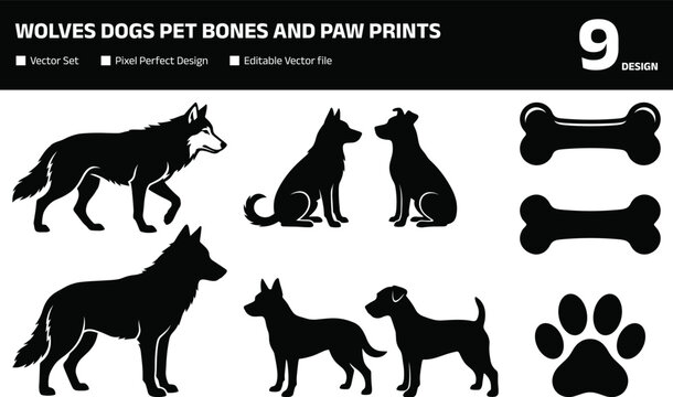 Comprehensive minimalist collection featuring solid black silhouettes of wolves dogs pet bones and paw prints for professional animal themed digital graphic design projects