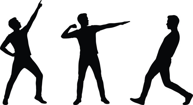 Black silhouette collection of a young man in various energetic poses including pointing dancing and dabbing isolated on white