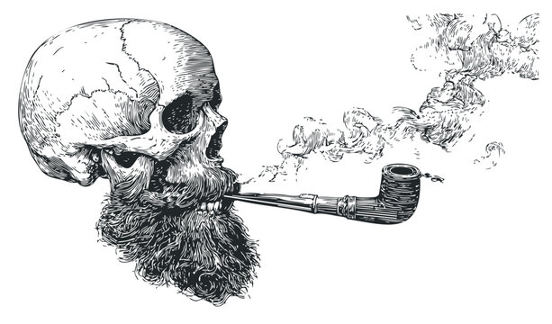 Human skull with a beard smoking a pipe, emitting a stream of smoke in a classic vintage engraving style, symbolizing mortality and contemplation.
