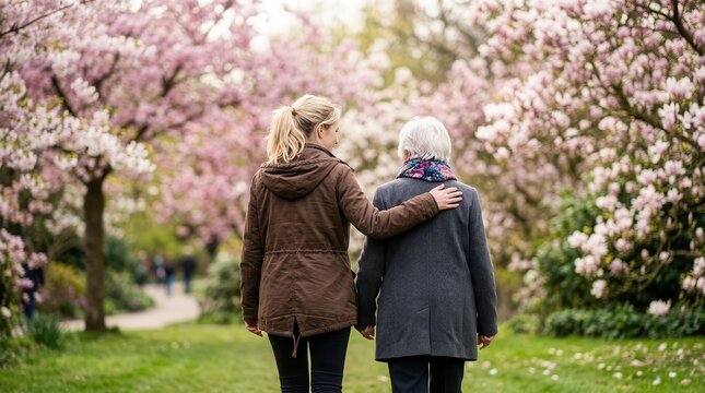 Faceless young woman walking with an elderly person through a blooming spring park.
