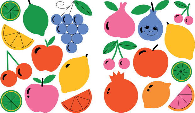 Cute Cartoon Fruit Collection with Smiling Apple Lemon Orange Grape Cherry Pomegranate and Citrus Characters Flat Vector Illustration on White Background