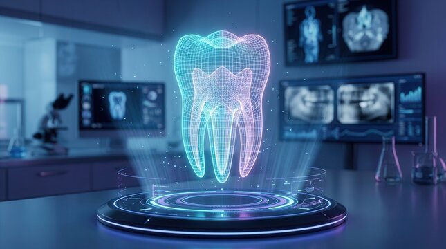 Digital hologram of a human tooth displayed on a platform in a medical research laboratory.