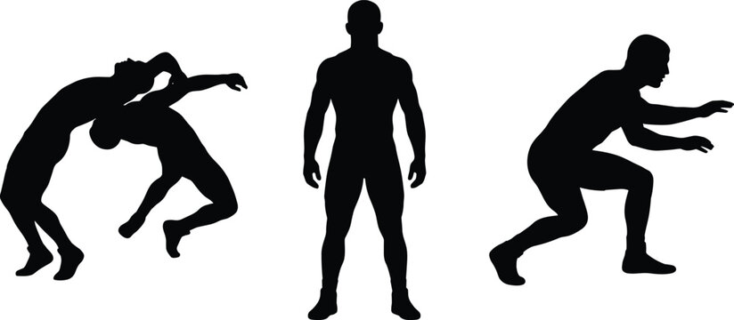 Black silhouettes of wrestlers in various grappling and fighting poses featuring athletic men isolated on a white background