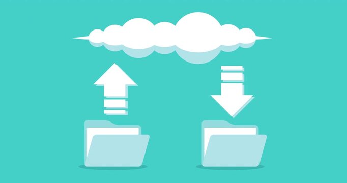 Animation of cloud computing with upload and download arrows and folders. Concept of data transfer, storage, backup and digital technology. Seamless loop.