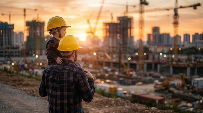 Father and child wearing hard hats looking at a large construction site during sunset.