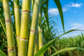 Obraz premium Fresh Green Sugarcane Stalks Growing in Field Under Blue Sky