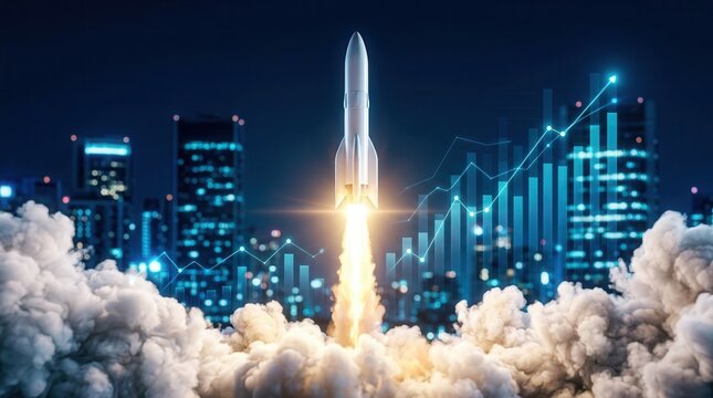 A rocket launching symbolizes business growth and success in a futuristic digital landscape.