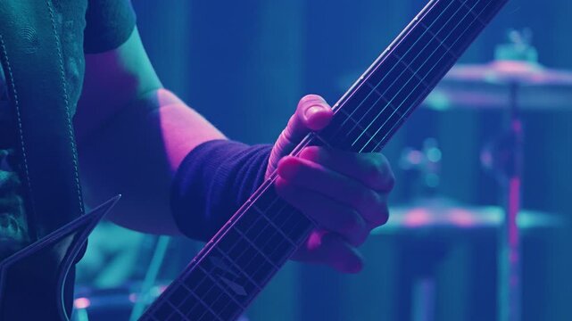 Close-up of a musician's hand on neck of an electric guitar during a live performance. The stage is flooded with light, creating an energetic, intense rock concert atmosphere. Drums in the background