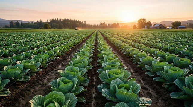 Cabbage plantations growing in organized vegetable rows within an agricultural field.