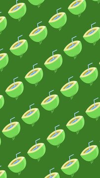 Seamless pattern of fresh coconut drinks with straws on a green screen background animation. Minimalist tropical coconut water wallpaper for a summer beach theme in an abstract vertical backdrop.