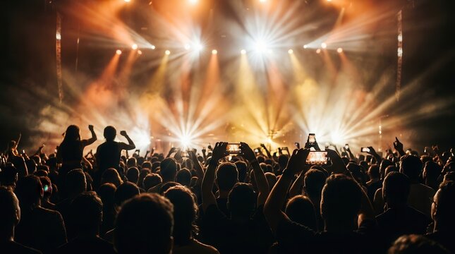 An energetic live concert crowd illuminated by dramatic stage lights and music performance.