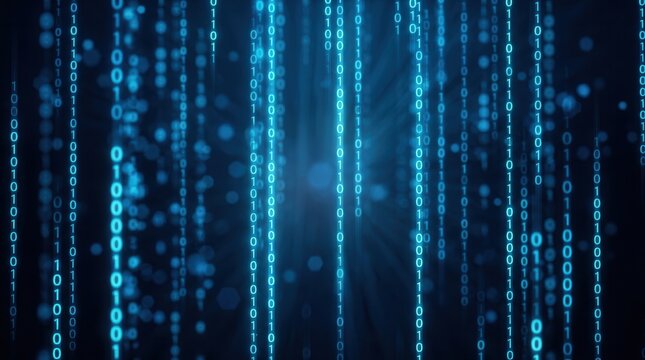 Falling blue binary code in a matrix style 3D illustration of technological space.