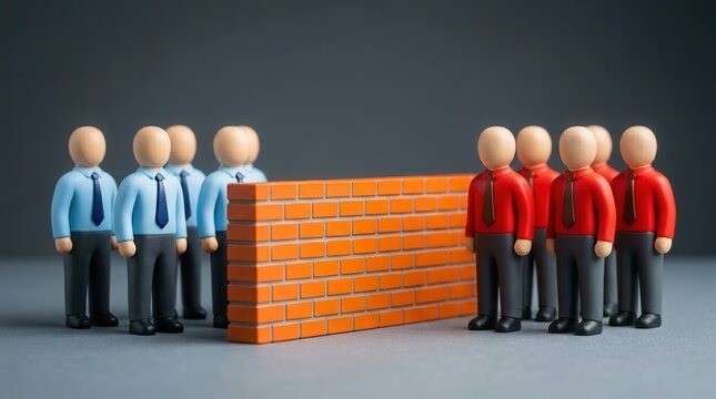 Two opposing teams of office workers separated by an orange brick wall representing workplace polarization.