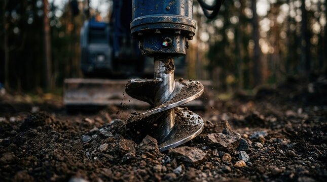 Close-up of a spiral soil auger drill bit for heavy construction machinery.