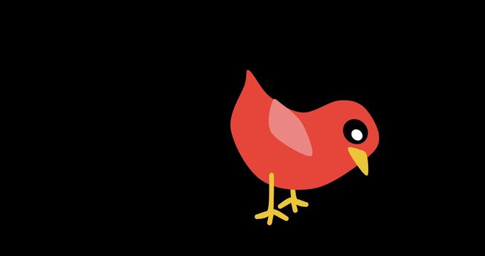 Simple red bird walks across black screen. Bird has yellow beak and feet. Cartoon style, flat design. Great for animations, apps, or children content. Minimalist look with bold colors
