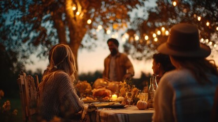 Fototapeta premium Cozy Thanksgiving picnic in a park at dusk, captured from a low dynamic angle. A family of four gathers around a lightly decorated outdoor table with just a couple 