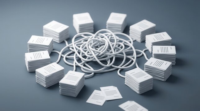 A tangled white line connecting stacks of papers and documents in a circle.