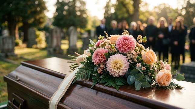Funeral flowers resting on a wooden coffin with mourners in soft focus background.