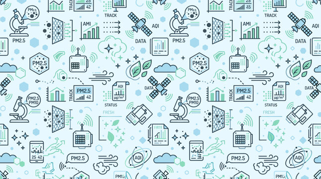 Air quality tracking symbols and particulate matter icons forming a continuous seamless pattern for smart city materials.