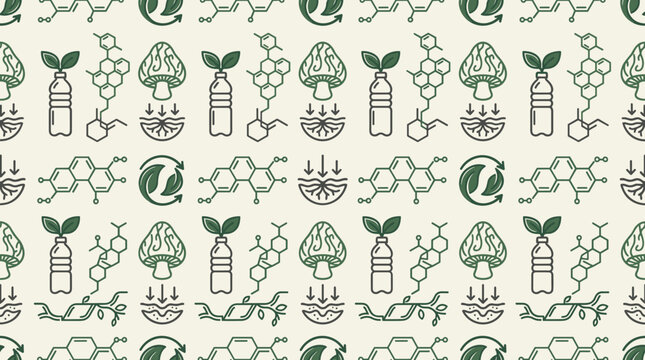 Biodegradable material icons and compostable packaging symbols arranged in a sophisticated seamless repeating pattern for product