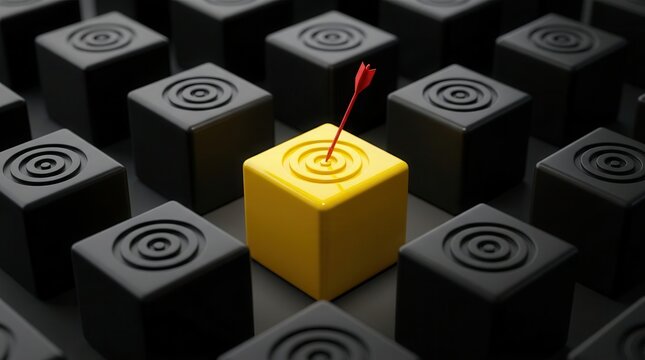 A red arrow hits the bull's-eye of a bright yellow target cube amidst black ones.