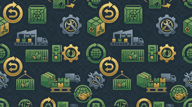 Circular logistics icons and reverse supply chain symbols integrated into a sleek seamless repeating pattern for corporate