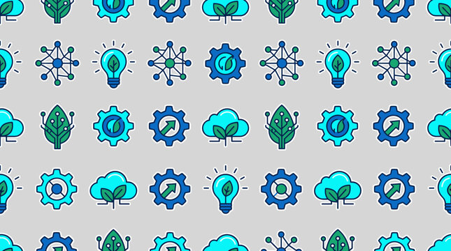 Clean technology ecosystem icons and innovation symbols arranged in a seamless repeating pattern for tech industry branding.