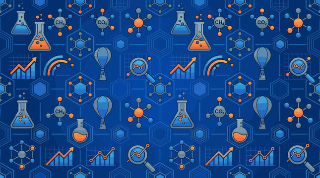 Atmospheric research symbols and climate data icons integrated into a sleek seamless repeating pattern for scientific innovation.