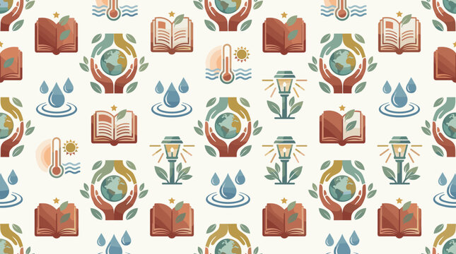 Climate education icons and global awareness symbols integrated into a sleek seamless repeating pattern for non-profit concepts.