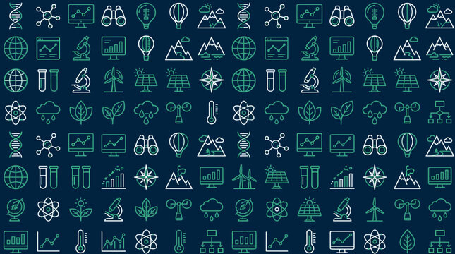 Climate research icons and environmental data symbols arranged in a sophisticated seamless repeating pattern for university themes