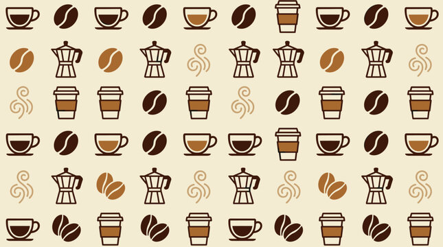 Coffee culture elements and cafe equipment icons arranged in a sophisticated seamless repeating pattern for beverage themes.