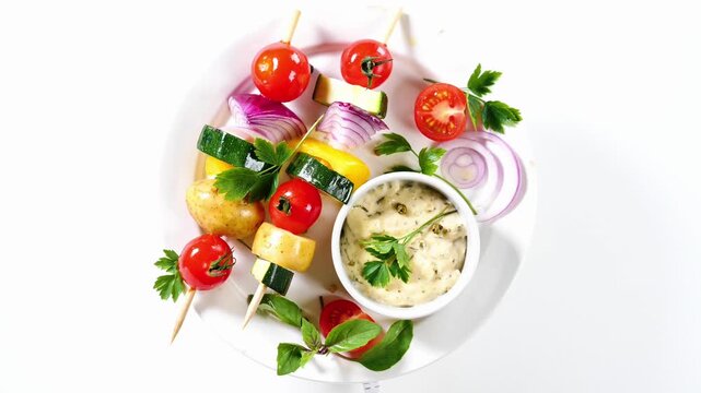 grilled vegetable skewers with dipping sauce on white background high angle view
