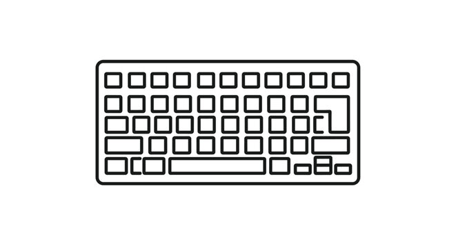 Detailed black and white line art illustration of a standard qwerty computer keyboard shown on a white background.