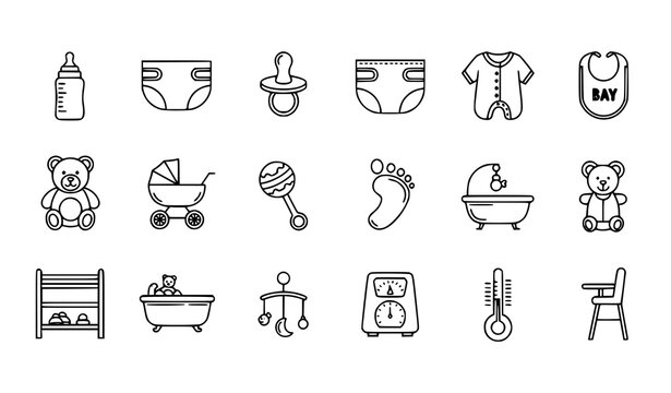 Baby care icons vector outline editable stroke pixel perfect illustration