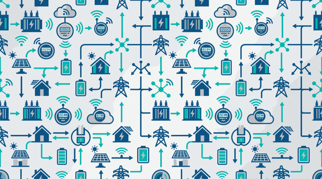 Digital microgrid management icons and energy flow symbols forming a continuous seamless pattern for smart technology materials.