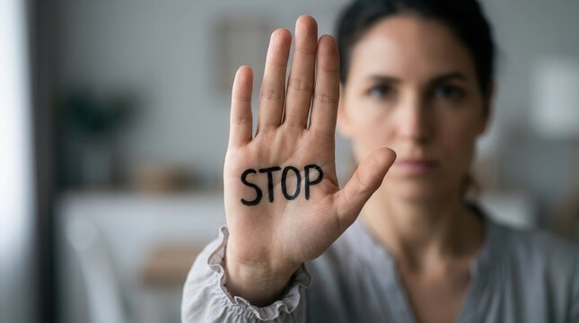 Closeup of a woman's hand with the word STOP written on it to reject harassment and set boundaries.