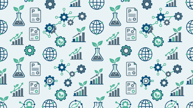 Eco-innovation startup icons and green technology symbols forming a continuous seamless pattern for entrepreneurial branding.