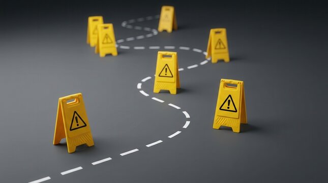 Yellow warning signs placed along a winding path to represent navigating a risky area with caution.